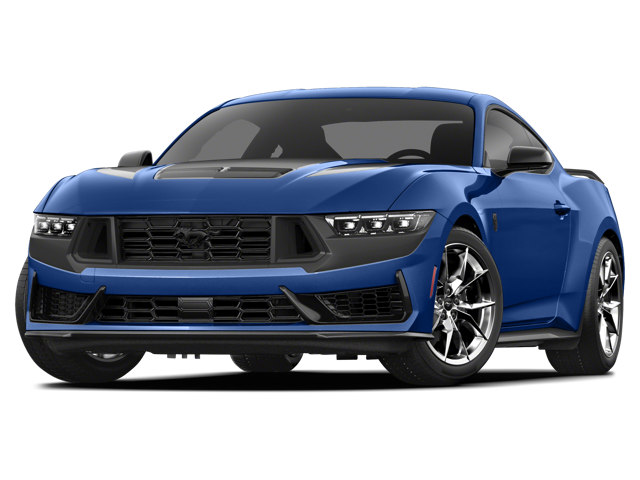 Front view of a blue 2024 Ford Mustang parked