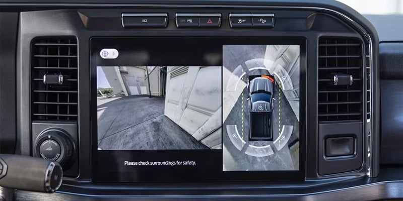 View of the 2024 Ford F-250 Super Duty's safety features displayed on the vehicle's infotainment system screen